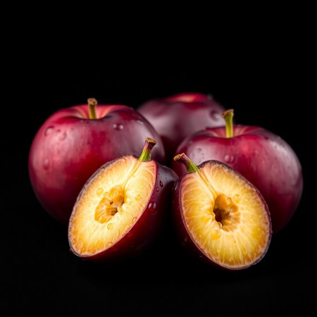 Plums on a black background with water droplets on it.の素材
