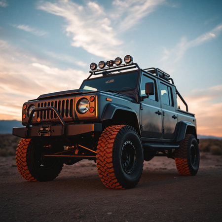 Big off road buggy in the desert at sunset. Travel and adventure concept.の素材