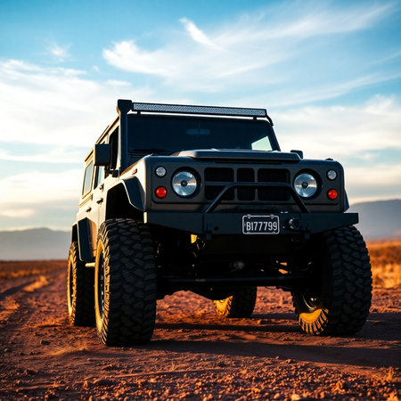 Off-road vehicle at sunset in the desert. Off-road vehicleの素材