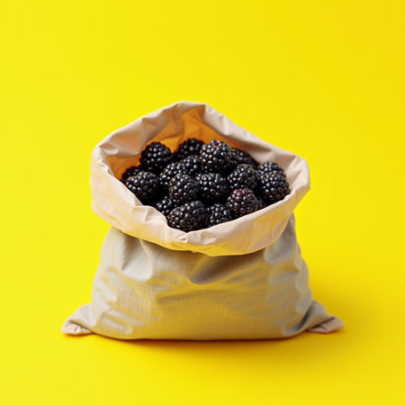 Bag of blackberries on yellow background. Healthy food concept.の素材