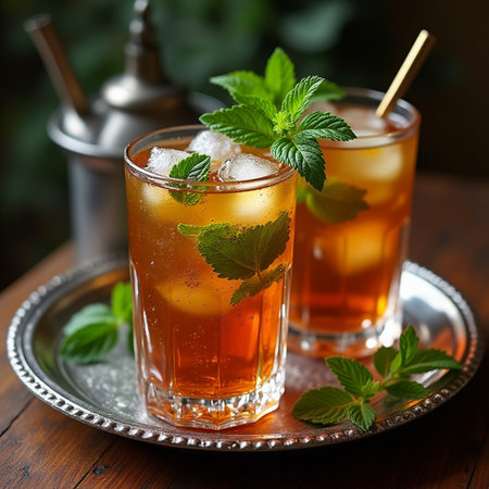 Two glasses of iced tea with mint and ice cubes on wooden backgroundの素材
