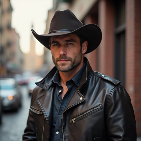 Handsome young man in black leather jacket and cowboy hat on the streetの素材