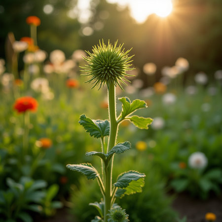 Beautiful flowers in the garden at sunset. Shallow depth of field.の素材