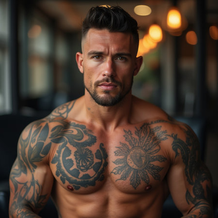 Portrait Of A Young Physically Fit Tattooed Man Showing His Well Trained Body - Muscular Athletic Bodybuilder Fitness Model Posing After Exercisesの素材