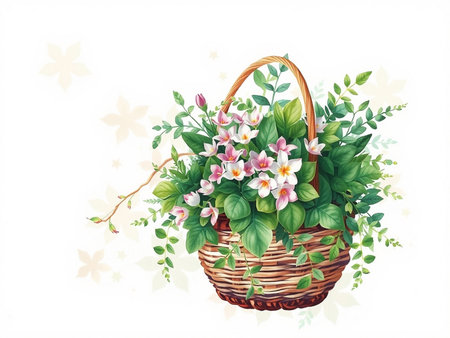 Basket with flowers on a white background. Watercolor illustration.の素材