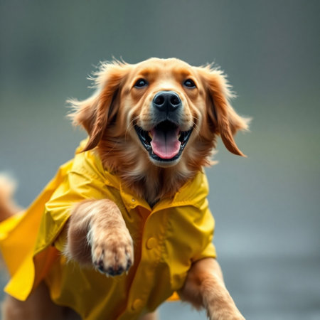 Golden Retriever dog in yellow raincoat on blurred background.の素材