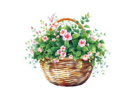 Basket with flowers. Watercolor illustration isolated on white background.の素材