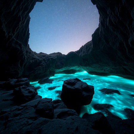 Beautiful night view of the underwater cave with starry sky. 3d renderingの素材