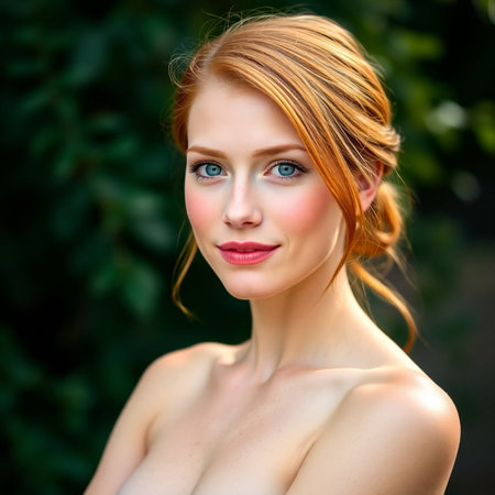 Portrait of a beautiful young redhead woman with clean fresh skinの素材