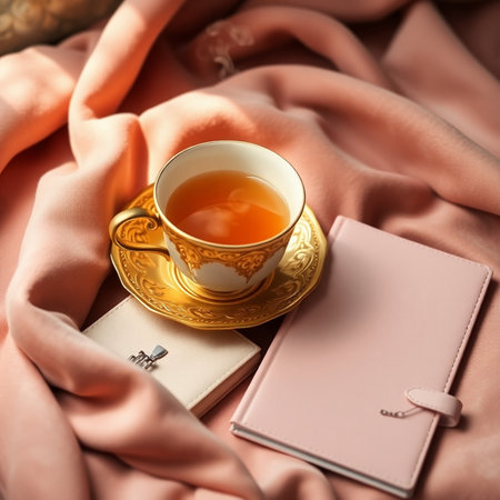 Cup of tea and notebook on fabric background, closeup viewの素材