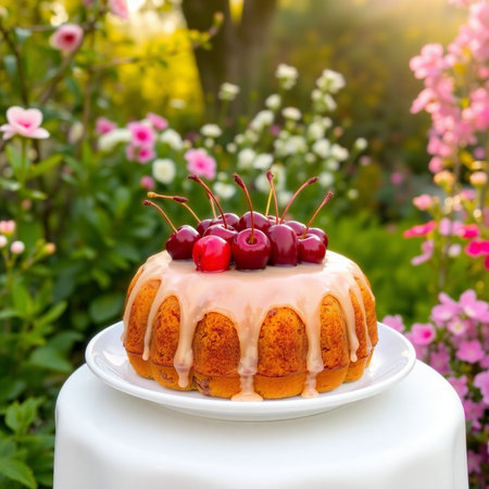 Cake with cherries on a white plate in the garden.の素材