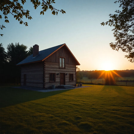 Old wooden house in the meadow at sunrise. Rural landscape.の素材