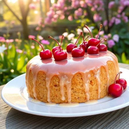 Cake with cherries on a wooden table in the garden.の素材