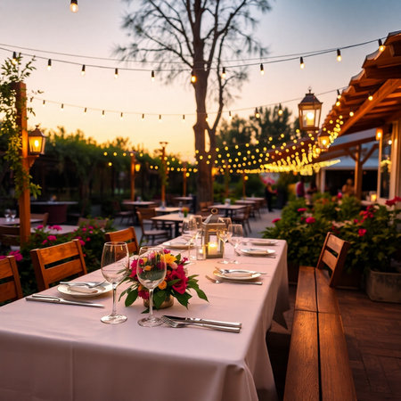 Wedding table setting in the garden at sunset, romantic dinnerの素材