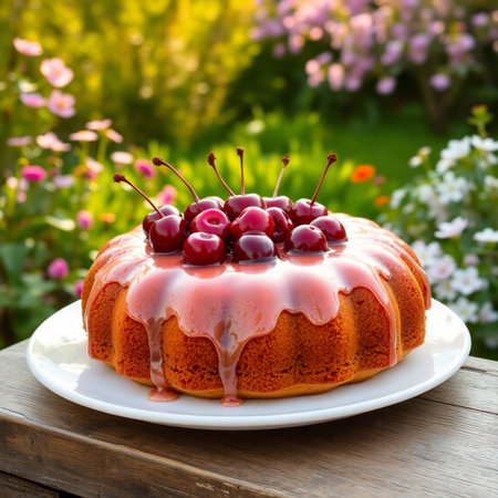 Cherry bundt cake with cherries on a wooden table in the gardenの素材