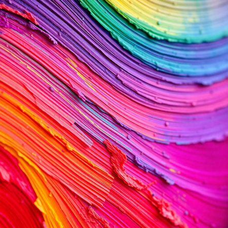 Colorful abstract background of the rainbow acrylic paint on a palette close upの素材