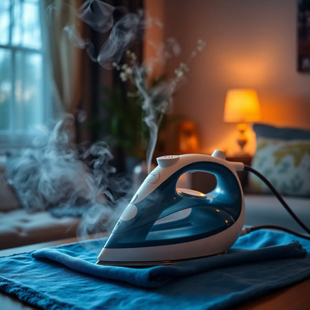 Steam iron on the ironing board in the morning at home.の素材