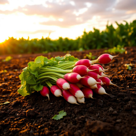 Fresh radishes on the field at sunset. Selective focus.の素材