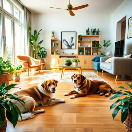 Two dogs sitting on the floor in the living room at home.の素材