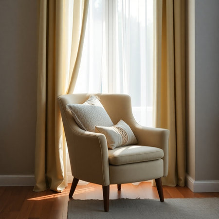 Comfortable armchair with pillows near window in room, interior designの素材