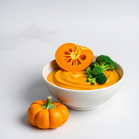 Vegetable soup puree with pumpkin and broccoli on white backgroundの素材