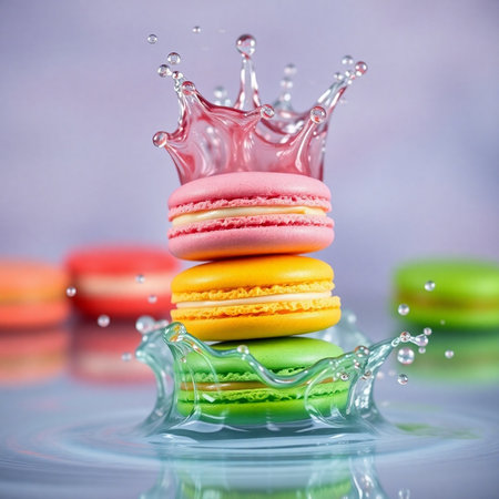 Colorful macaroon with a splash of water on a light backgroundの素材
