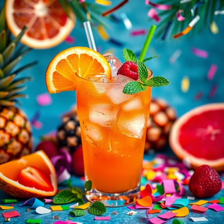 Cocktail with orange, lemon and mint on a blue backgroundの素材