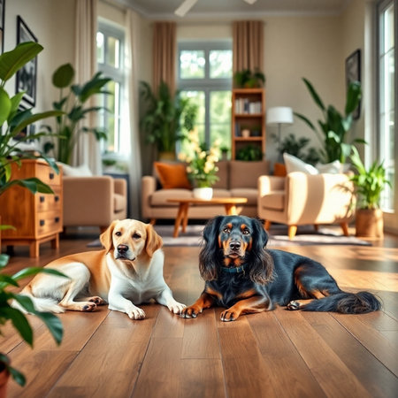 Two dogs lying on the floor in living room and looking at cameraの素材