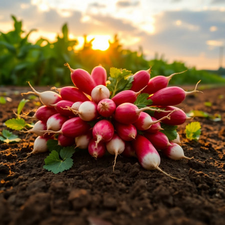 Bunch of fresh red radishes on the field at sunset.の素材