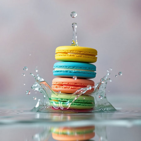 Colorful macaroon falling into water on a light background.の素材