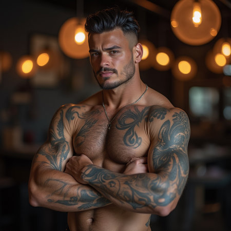 Handsome young man with tattooed body posing in a cafeの素材