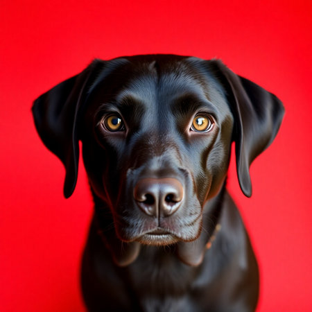Portrait of a black labrador retriever on a red backgroundの素材