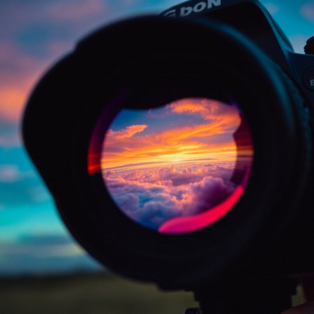 Camera lens with sunrise and clouds in the sky. Selective focus.の素材