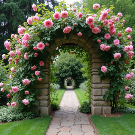 Beautiful archway with pink roses in the garden. Summer timeの素材