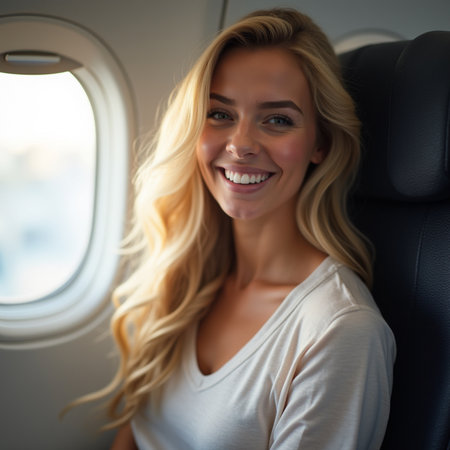Portrait of a beautiful young woman sitting in an airplane cabin.の素材