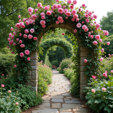 Beautiful archway in the garden with pink roses in summer.の素材