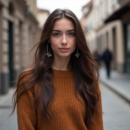 Portrait of a beautiful young brunette woman in an orange sweater.の素材