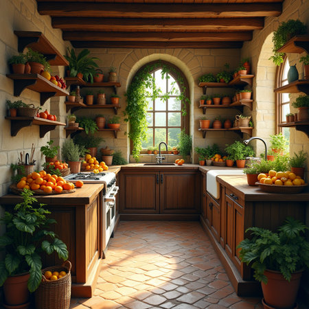 Kitchen interior with tangerines. 3D render. Vintage style.の素材