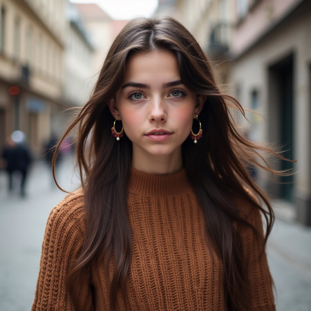 Portrait of a beautiful girl with long hair in a brown sweater.の素材