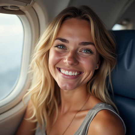 Portrait of a beautiful young woman smiling while traveling by airplane.の素材