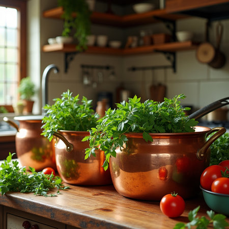 Rustic copper pots with fresh herbs and tomatoes on wooden table in kitchenの素材