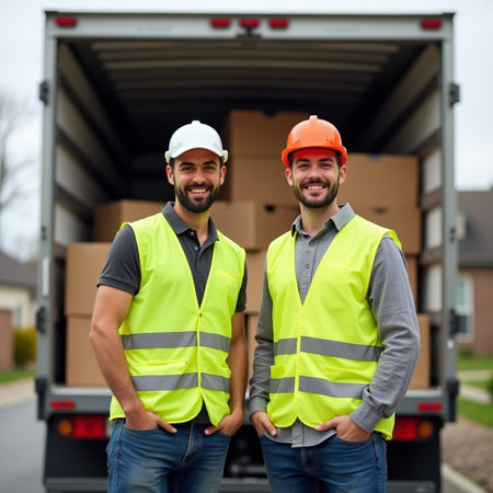 portrait of two male warehouse workers standing in front of truck with cardboard boxesの素材