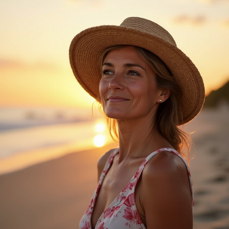 Portrait of beautiful young woman in hat on the beach at sunsetの素材
