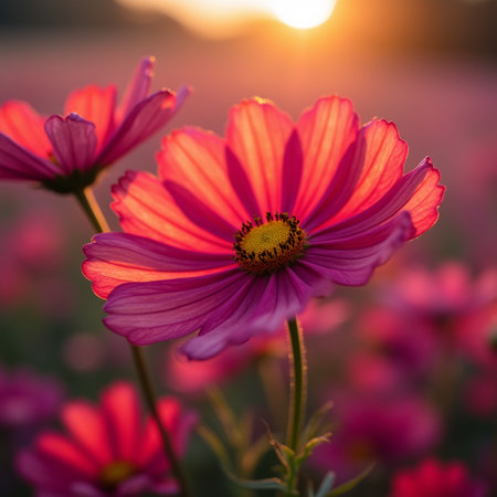 Cosmos flowers in the garden at sunset. Beautiful natural background.の素材