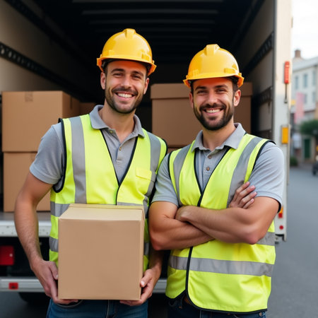 Portrait of two smiling warehouse workers standing with arms crossed in warehouseの素材
