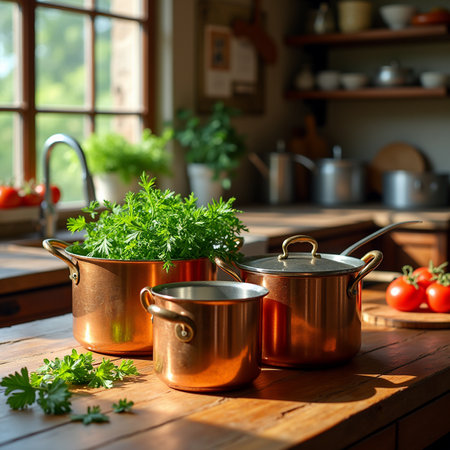 Three copper pots with parsley and tomatoes on wooden table in kitchenの素材