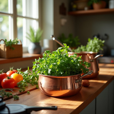 Parsley in copper pots on a wooden countertop in the kitchenの素材