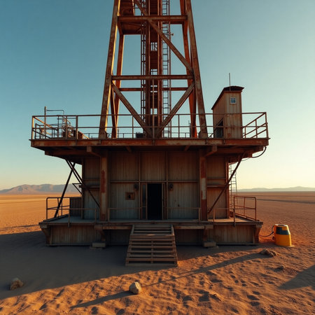 Oil derrick in the Sahara desert. 3D render illustration.の素材