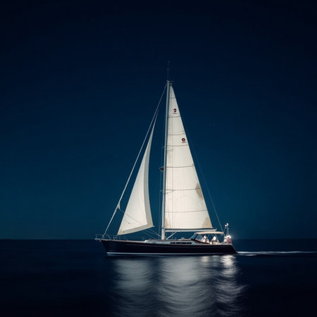 Sailing yacht in the sea at night. Luxury yachts.の素材