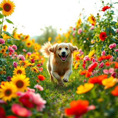 Cute Golden Retriever dog running in a field of flowersの素材